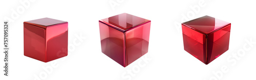 Red cube set isolated transparent PNG. 3D box square cubic shaped elements. Metallic material surface. Shiny and reflective. various angles and surface textures. Gift box. photo