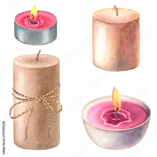 A set of varios pink and brown candles for aromatherapy. Hand drawn watercolor illustration of vintage light on isolated background. Use for aromatherapy, hygienic home, meditation, wellness resort.