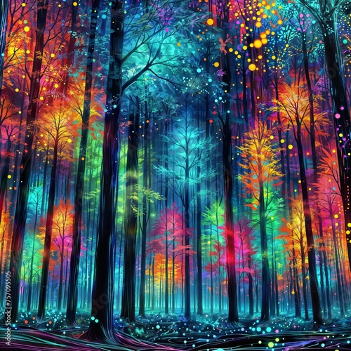 Neon forest at night  Capture a fantastical and dreamlike scene with this image of a forest illuminated by colorful neon lights.