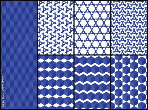 a set of blue and white geometric patterns