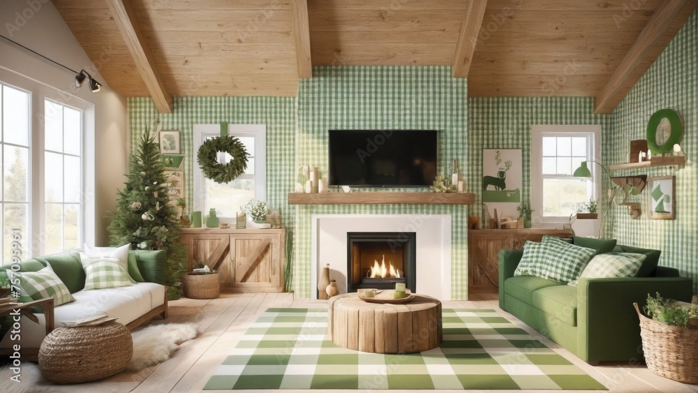 a cozy design Cottage-style wooden building, green & cream rustic color on interior walls, living room