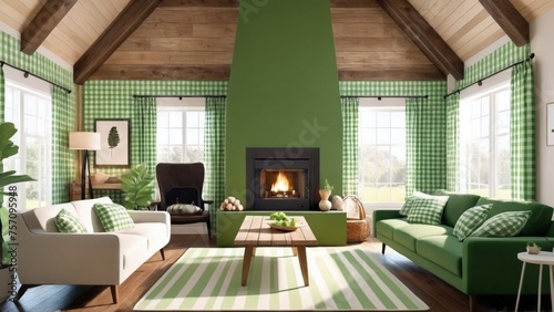 a cozy design Cottage-style wooden building, green & cream rustic color on interior walls, living room