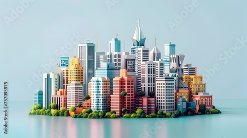 Vibrant 3D Rendered Cities on Island  To provide unique and visually engaging cityscape illustrations for creative projects  conceptual designs  and