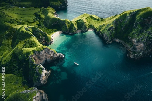 Aerial view showcasing a serene island with verdant hills, rugged cliffs, a pristine beach, and a boat floating near the turquoise embrace of the ocean. © Pierre
