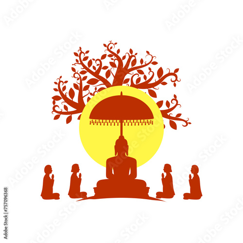 Mahavir sitting with disciples under tree silhouette on transparent background photo