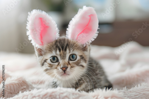 Portrait of a cute kitten wearing pink easter bunny ears. Happy easter concept