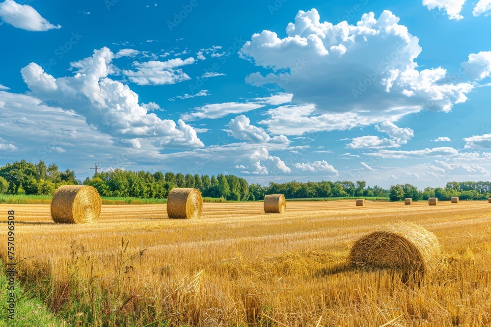 Fototapeta premium Panoramic natural landscape with green grass, golden field of harvested wheat with bales and blue sky with clouds. Colorful summer panorama of combination of yellow and green fields.