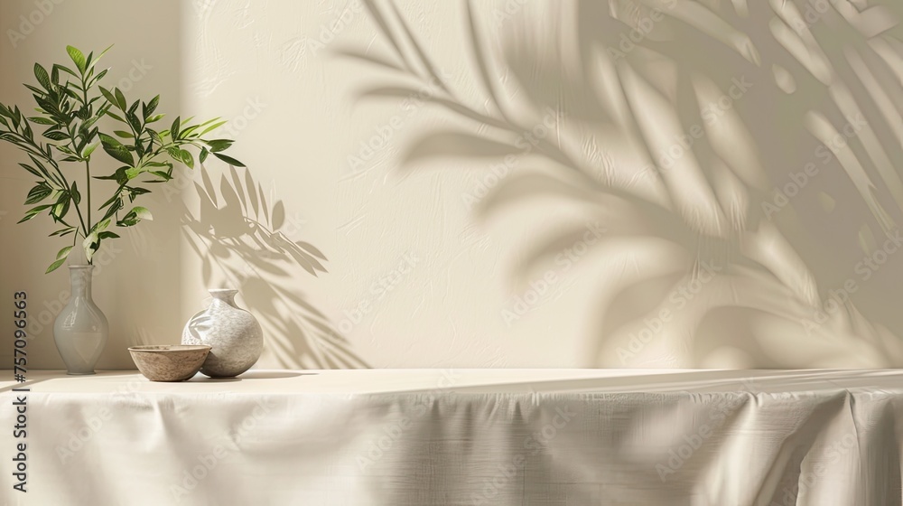 a fabric table top and tree leaf mockup background template, offering ample empty space for text to convey your message. a fabric table top and tree leaf mockup background template, offering ample empty space for text to convey your message.