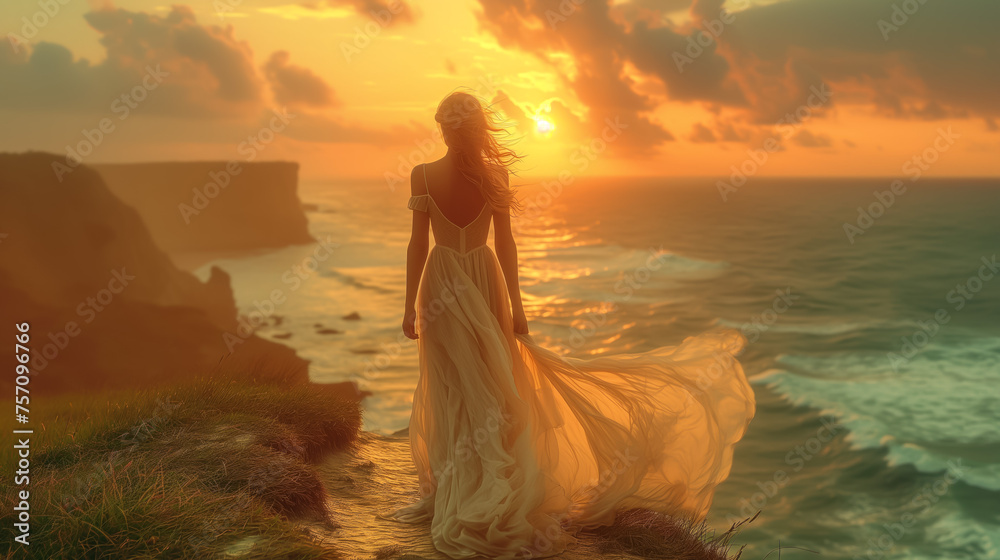 Elegant woman gazing at sunset on ocean cliffside