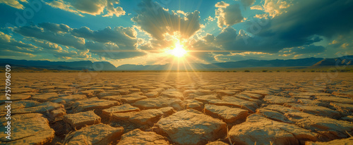 Sunset casting rays over cracked desert ground against mountainous horizon