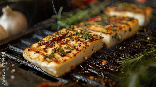 Grilled halloumi cheese with herbs and spices on a clean, dynamic grill shot photo