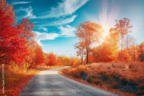 Picturesque natural autumn landscape with sun, blue sky, road and beautiful trees with red and orange foliage.