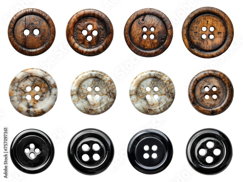 Wooden button set PNG. Bone 4-hole flat button for sewing and crafts PNG. Black plastic button button top view isolated. clothing button flat lay PNG