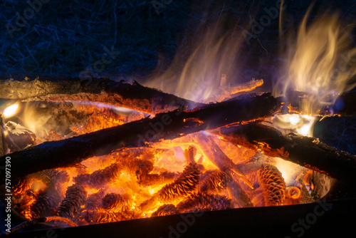 Burning coals of tree branches and pine cones. High temperature inside the fire. Beautiful flames are visible