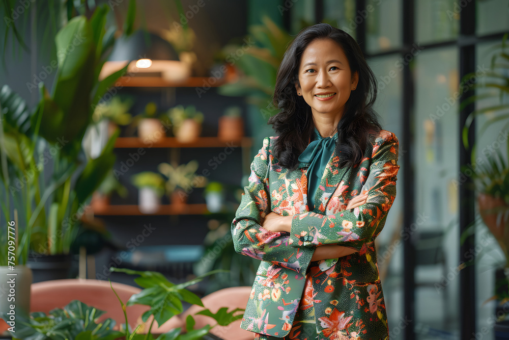 A confident Southeast Asian businesswoman in her late 40s, adorned in a vibrant business suit, stands in her contemporary, plant-filled office crossing her arms with a warm smile, looking into camera. A confident Southeast Asian businesswoman in her late 40s, adorned in a vibrant business suit, stands in her contemporary, plant-filled office crossing her arms with a warm smile, looking into camera.