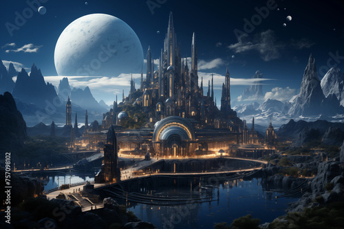 Fantasy city skyline on an alien planet.