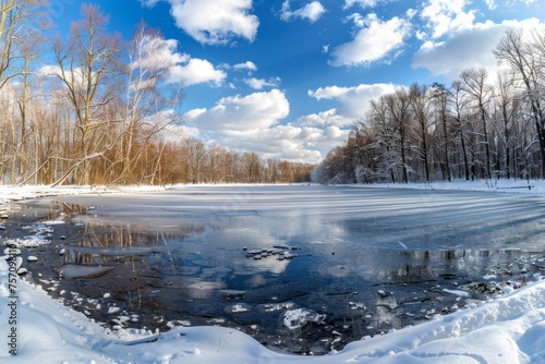 Frozen ice lake in winter in a park in the forest in sunny weather a panoramic view with a blue sky and white clouds.