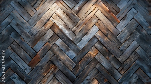 old wooden floorboards arranged in a fishbone pattern from a top-down perspective, featuring a seamless texture under flat lighting. SEAMLESS PATTERN
