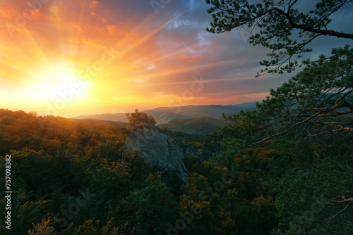 famous Dovbush rocks, wonderful autumn sunrise image in mountains, autumn morning dawn, nature colorful background, Carpathians mountains, Ukraine, Europe 