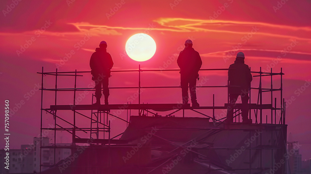 Fototapeta premium Engineering Success: Construction Team and Engineers Working Together at Sunset, Building the Future