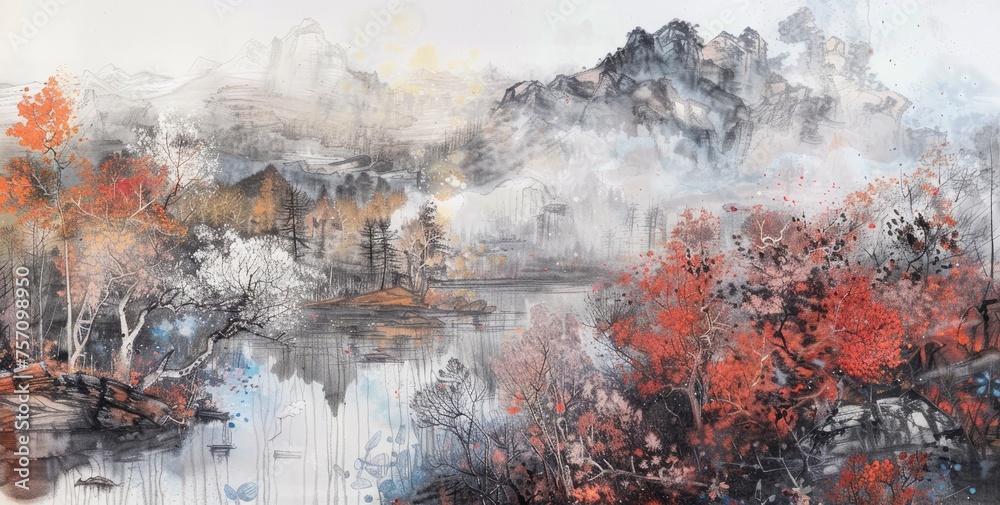 Ink and Wash Serenity. Traditional Chinese Landscape Painting.
