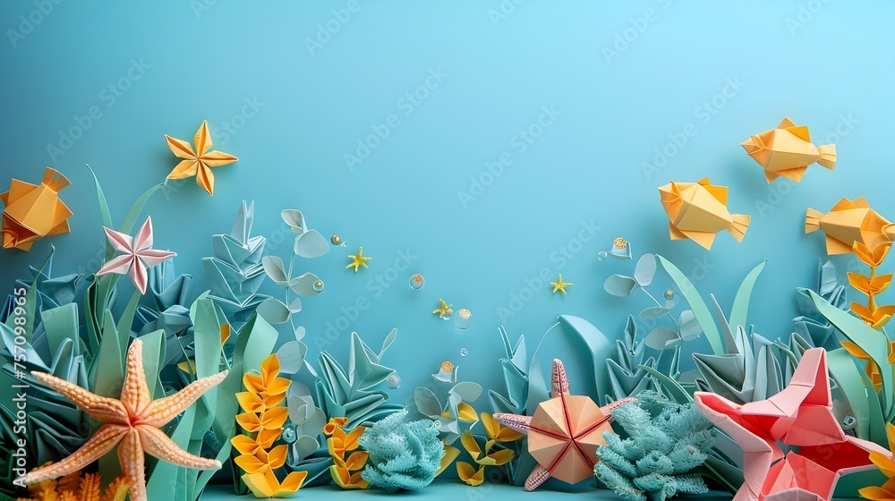 Vibrant Underwater Origami Art with Colorful Fish and Seaweed, To add a touch of artistic flair and underwater beauty to any space or design project