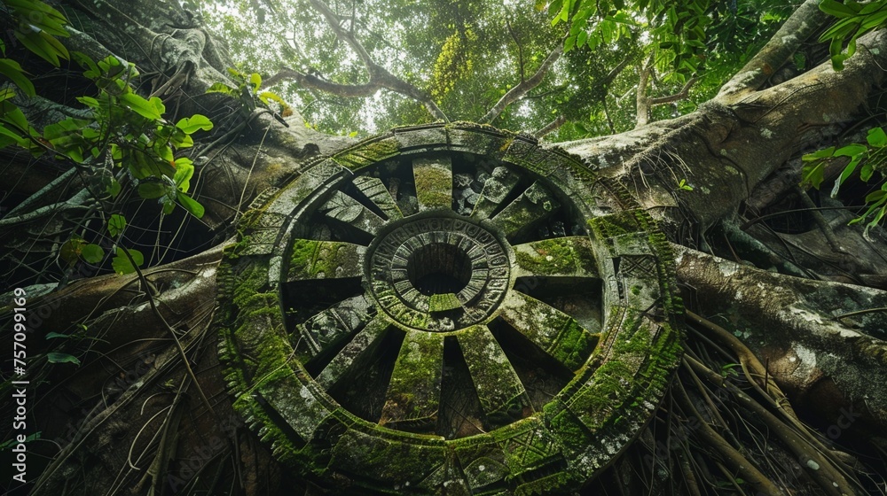 Naklejka premium Close Dharmachakra rainforest canopy