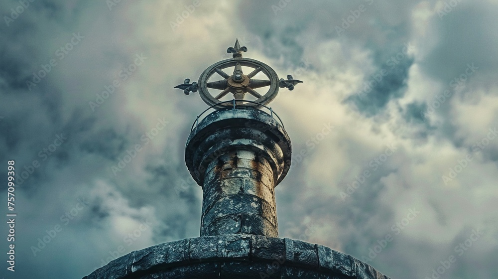 Dharmachakra in focus atop an old lighthouse Dharmachakra in focus atop an old lighthouse