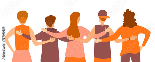 Back view of friends man and woman standing together, embracing each other, waving hands. People from their back. Team hug. Group of diverse happy characters people standing together vector.