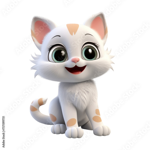 3D cute happy funny white cat. Character cartoon minimal style on isolated transparent png background.