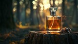 Fall's Finest A Bottle of Perfume on a Tree Stump Generative AI