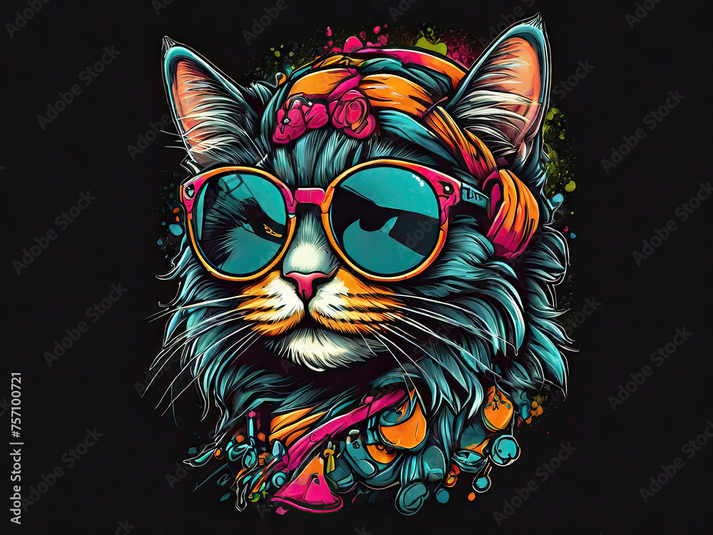 On a black graffiti-style background surrounded by flowers, a cat wearing sunglasses looks directly at the camera. Generated AI.