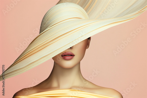 Elegant minimalistic glam shot of a lady with big hat. Face is only partially visible. Natural makeup.