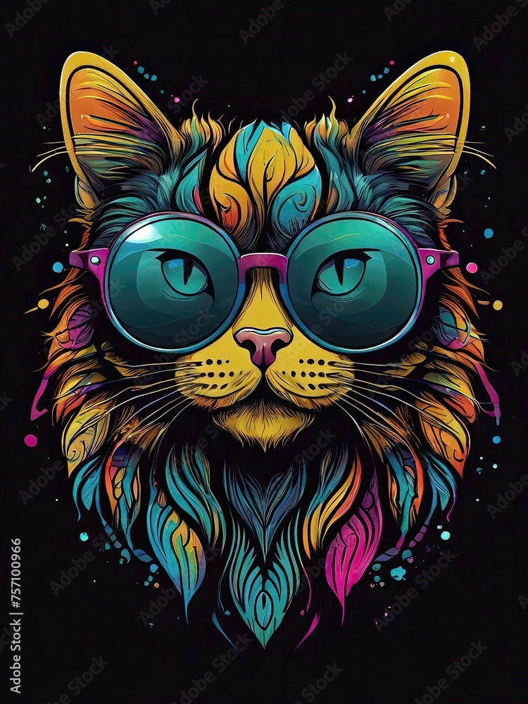 Cat in sunglasses eyes looking at camera on black background graffiti style. Generated AI. Cat in sunglasses eyes looking at camera on black background graffiti style. Generated AI.