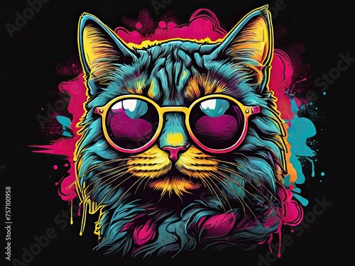Cat in sunglasses on black background graffiti style paint sweat. Generated AI. © Ievgen