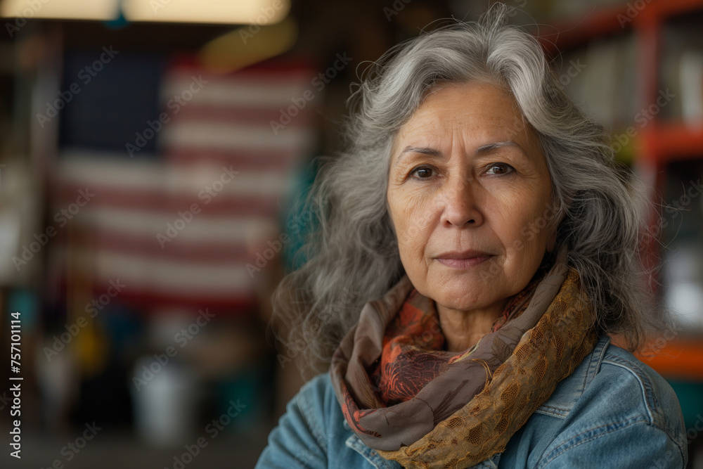 A thoughtful senior woman with an American flag in the background