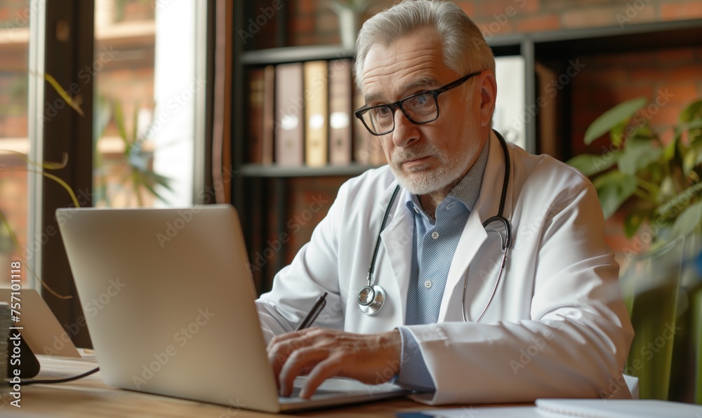 Senior serious male doctor sitting in his office working with laptop with shelves and organized papers on the background and stethoscope on his neck Senior serious male doctor sitting in his office working with laptop with shelves and organized papers on the background and stethoscope on his neck