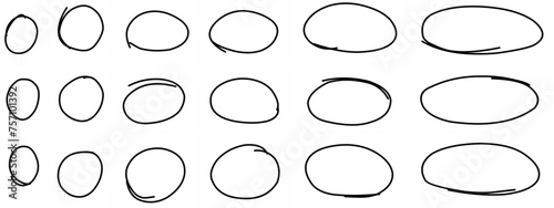 Hand drawn ovals and circles set. Ovals of different widths. Highlight circle frames. Ellipses in doodle style. Set of vector illustration isolated on transparent background.