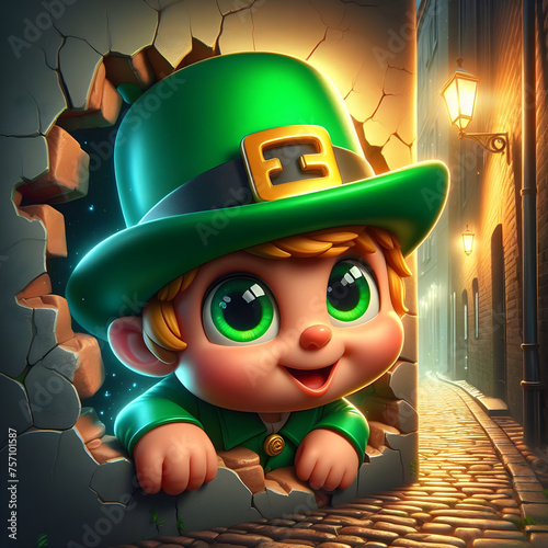 Leprechaun Broken Hole 3D Background HD image, cute Leprechaun character Design with green costume. photo