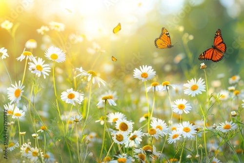Sunlit field of daisies with fluttering butterflies. Chamomile flowers on a summer meadow in nature, panoramic landscape. © Straxer