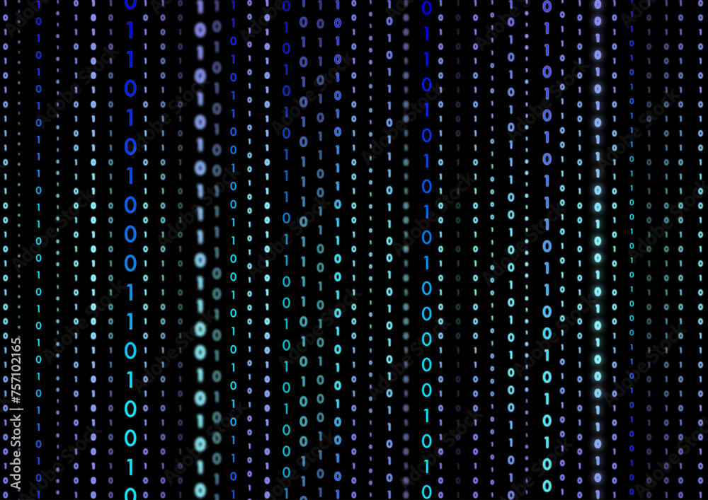 Colorful glowing binary numbers zero and one in different sizes and densities in columns on computer screen with black background. Illustration made March 13th, 2024, Zurich, Switzerland.