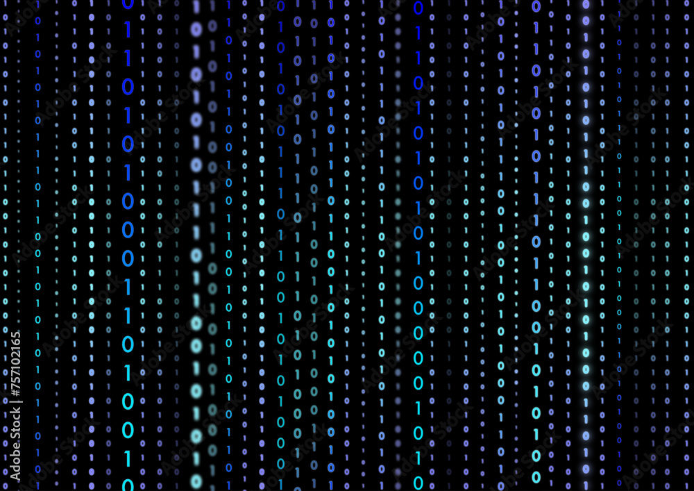 Colorful glowing binary numbers zero and one in different sizes and densities in columns on computer screen with black background. Illustration made March 13th, 2024, Zurich, Switzerland. Colorful glowing binary numbers zero and one in different sizes and densities in columns on computer screen with black background. Illustration made March 13th, 2024, Zurich, Switzerland.