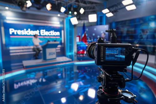 Political show in television studio. Debates during the presidential election on TV