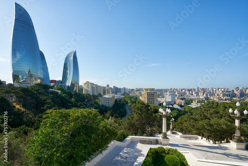 Panoramiv view of Baku city with Flame towers from the upland park