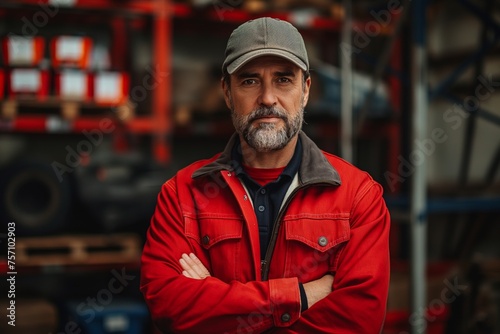 Confident senior man in a cap and plaid shirt, arms crossed in a warehouse setting