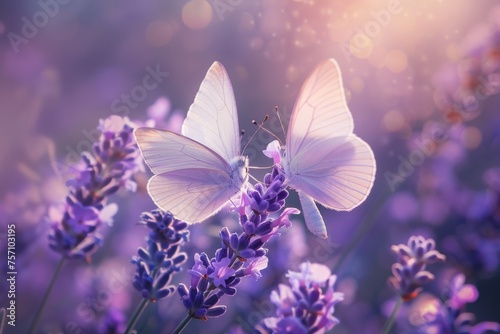 Two lilac butterfly on Lavender flowers in rays of summer sunlight in spring outdoors macro in wildlife, soft focus. Delightful amazing atmospheric artistic image of beauty of nature environment.