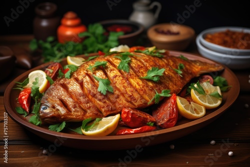 An image of fish with lemon and chilies and masala fried in plate Generative AI
