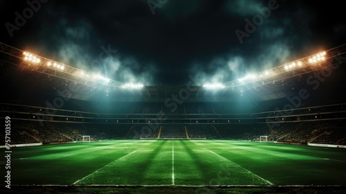 An image of green soccer field bright spotlights match ground Generative AI