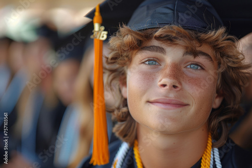 Young man wearing graduation cap and gown during college graduation ceremony. Portrait of happy student