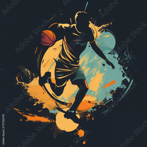 Professional player play basketball, color drawing. Tennis game banner. Active sport sticker